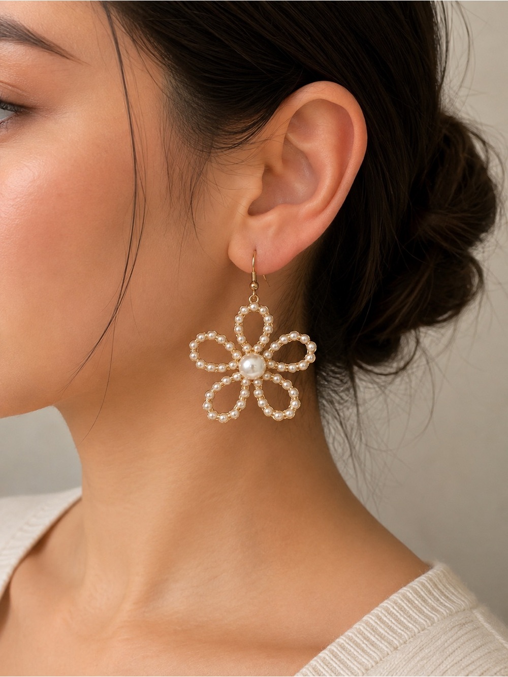 Gold-Tone Faux Pearl Flower Drop Earrings - Ivory Pearls